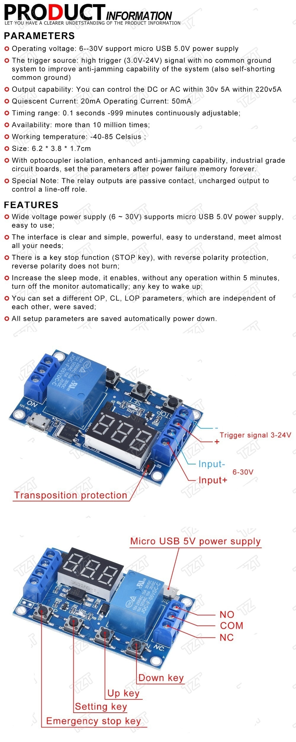 1 Channel 5V Relay Module Time Delay Relay Module Trigger OFF / ON Switch Timing Cycle 999 minutes for Arduino Relay Board