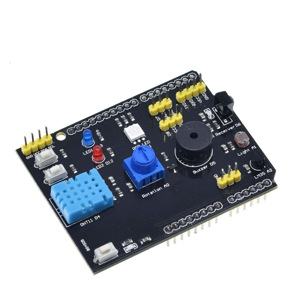 DHT11 LM35 Temperature Humidity Sensor Multifunction Expansion Board Adapter For Arduino UNO R3 RGB LED IR Receiver Buzzer I2C